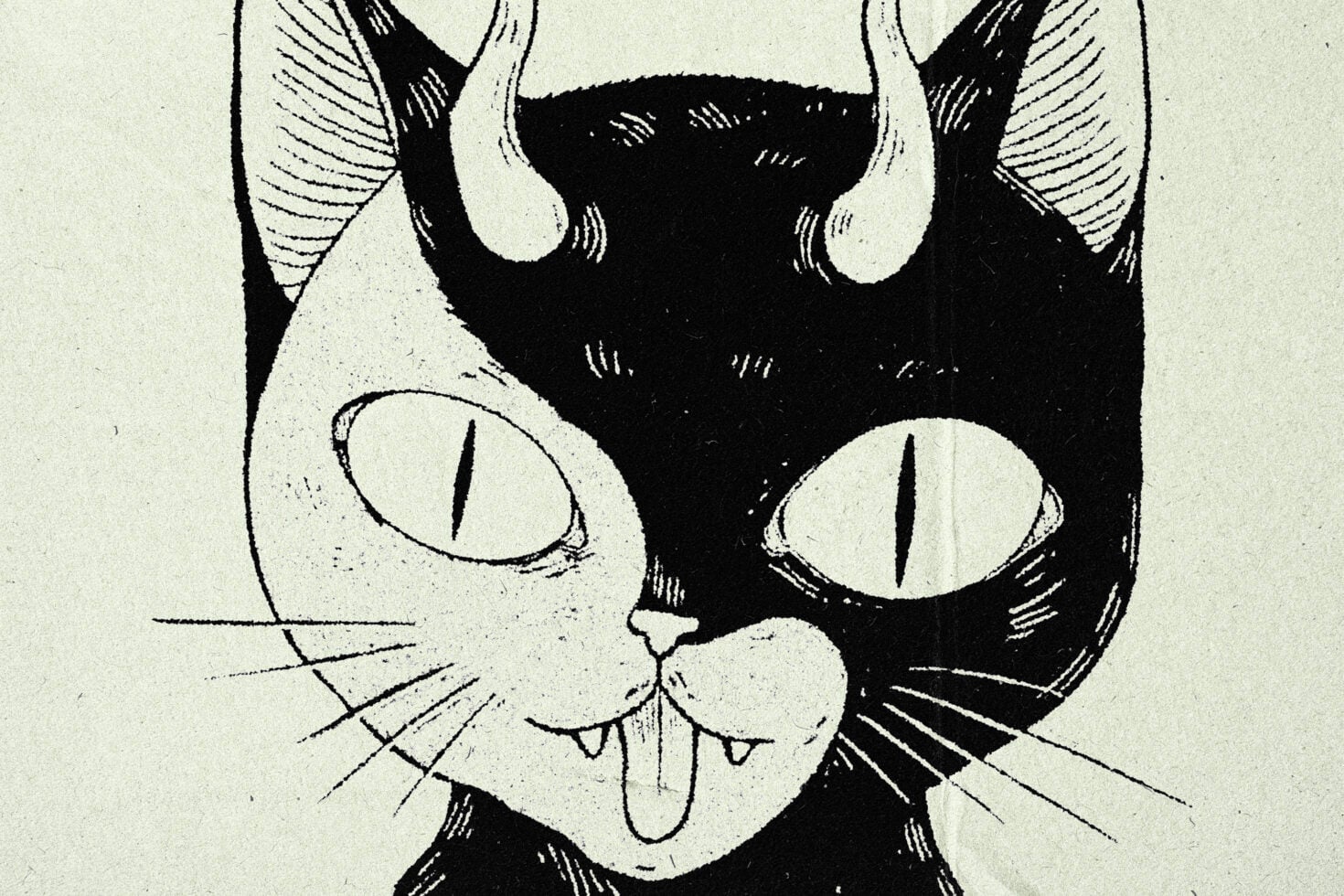 Spooky cat head with pointed ears, wide hypnotic eyes, tongue out grinning