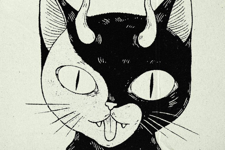 Spooky cat head with pointed ears, wide hypnotic eyes, tongue out grinning