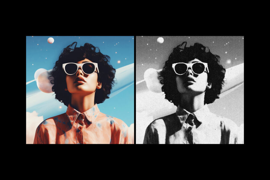 Person wearing oversized sunglasses in blue sky scene, color then grayscale version