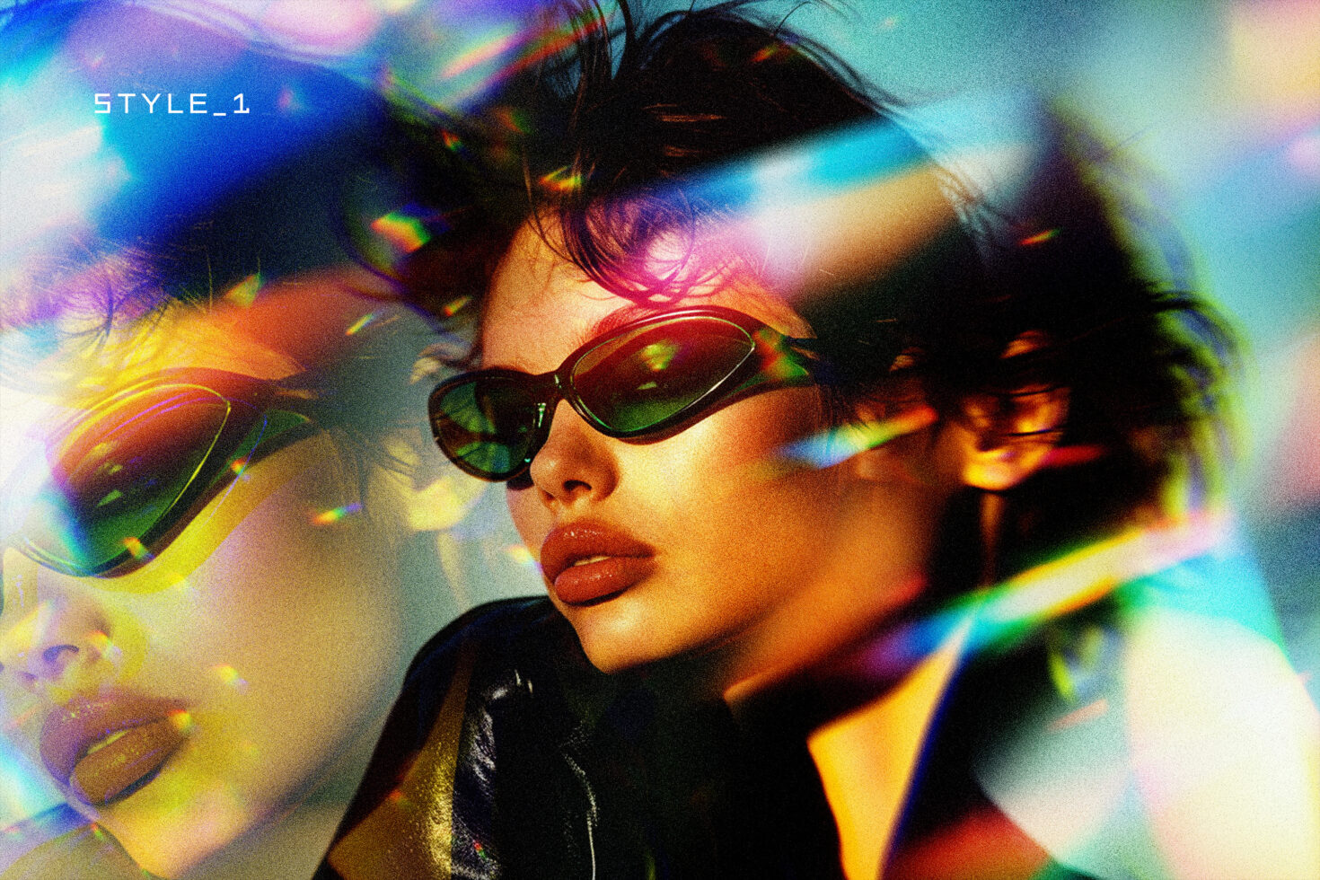 Fashion portrait with oversized sunglasses, vibrant rainbow light bleeding across skin tones