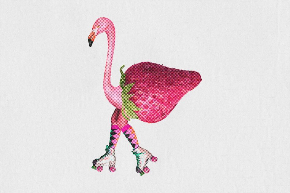 Pink flamingo with patterned body in halftone dot style against white background
