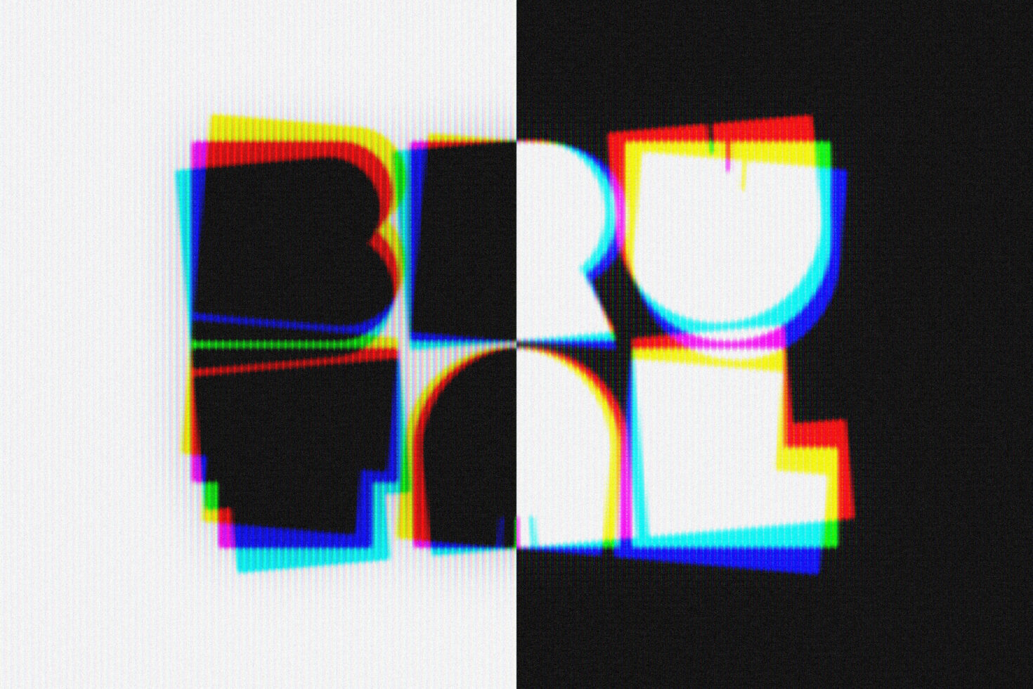 Chunky letters with chromatic aberration split effect, magenta cyan yellow scanlines throughout