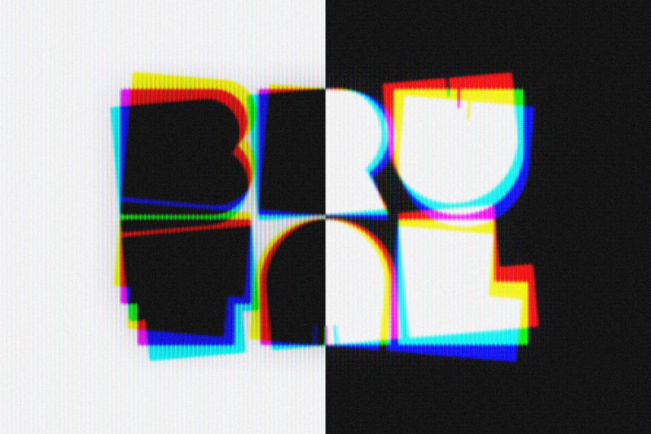 Chunky letters with chromatic aberration split effect, magenta cyan yellow scanlines throughout