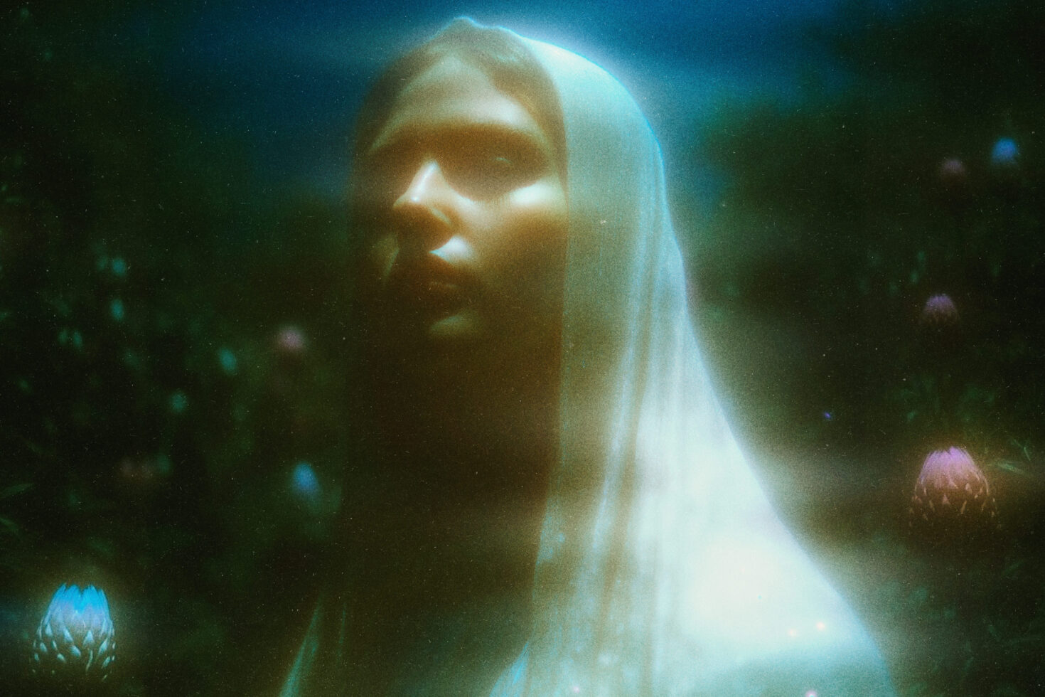 Ethereal pale figure in glowing white veil surrounded by glowing flowers