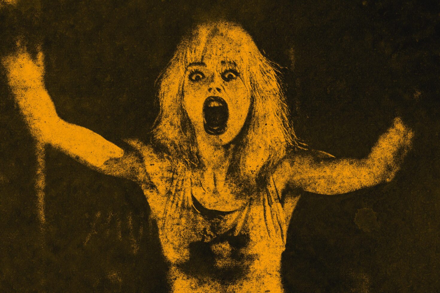Yellow duotone female portrait with arms raised, grainy halftone effect