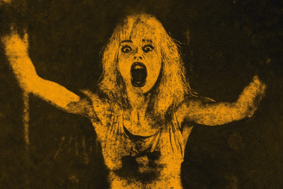 Yellow duotone female portrait with arms raised, grainy halftone effect