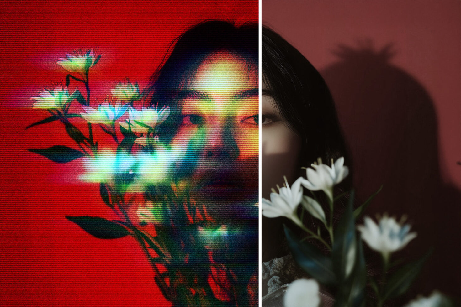Split image: left side glitchy flowers on red, right side clean florals