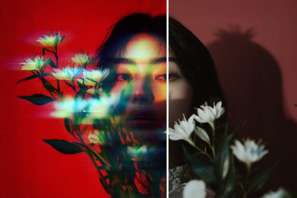 Split image: left side glitchy flowers on red, right side clean florals