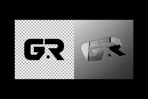 GR logo in black on left, metallic chrome version on gray on right