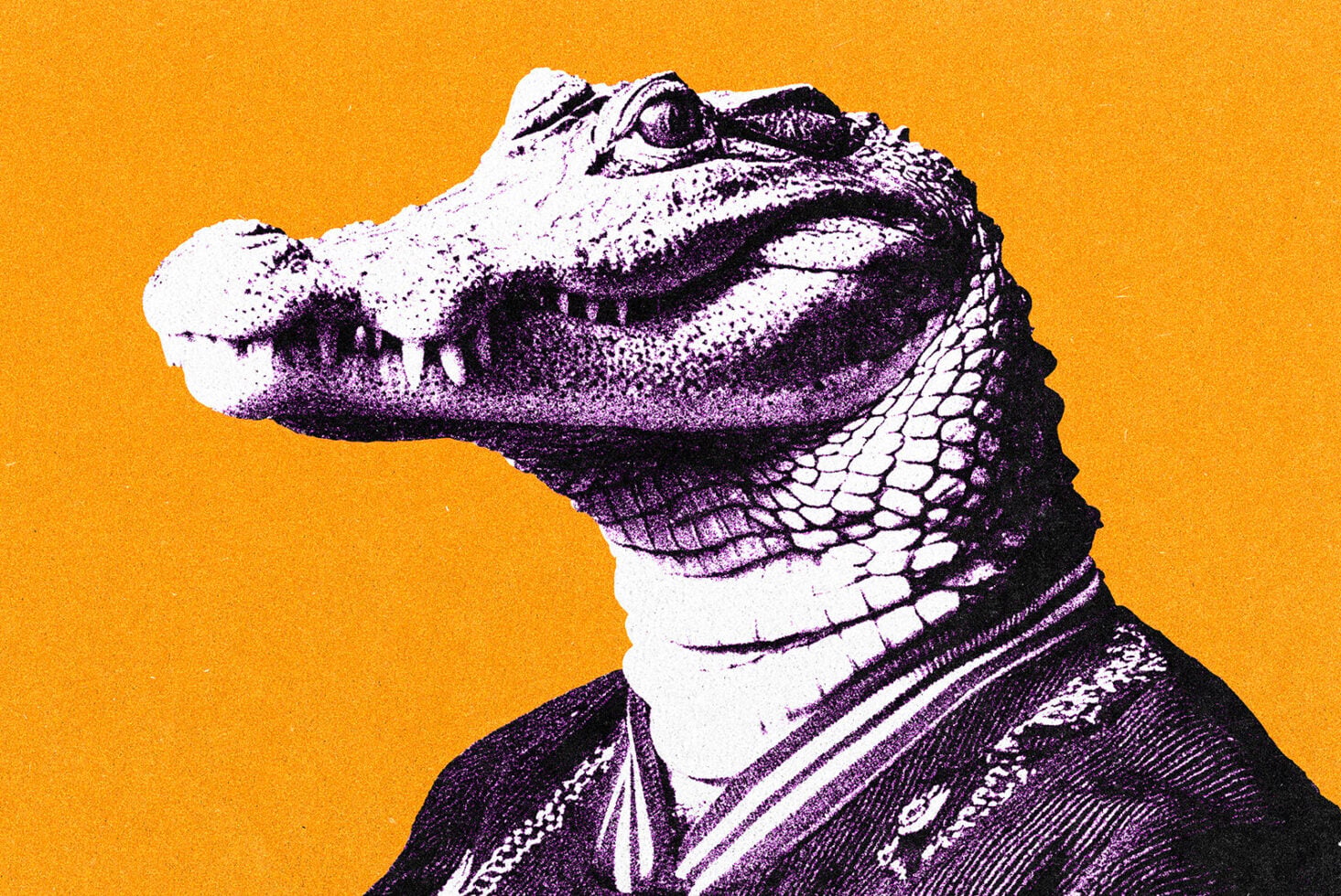 Reptilian creature head in profile with white scales wearing formal jacket on mustard backdrop