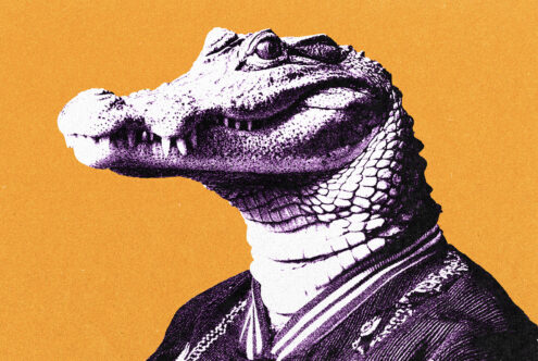 Reptilian creature head in profile with white scales wearing formal jacket on mustard backdrop