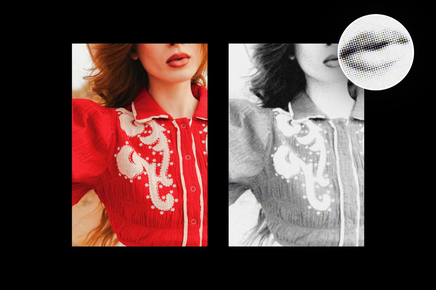 Color portrait in red shirt next to halftone conversion with detail closeup circle