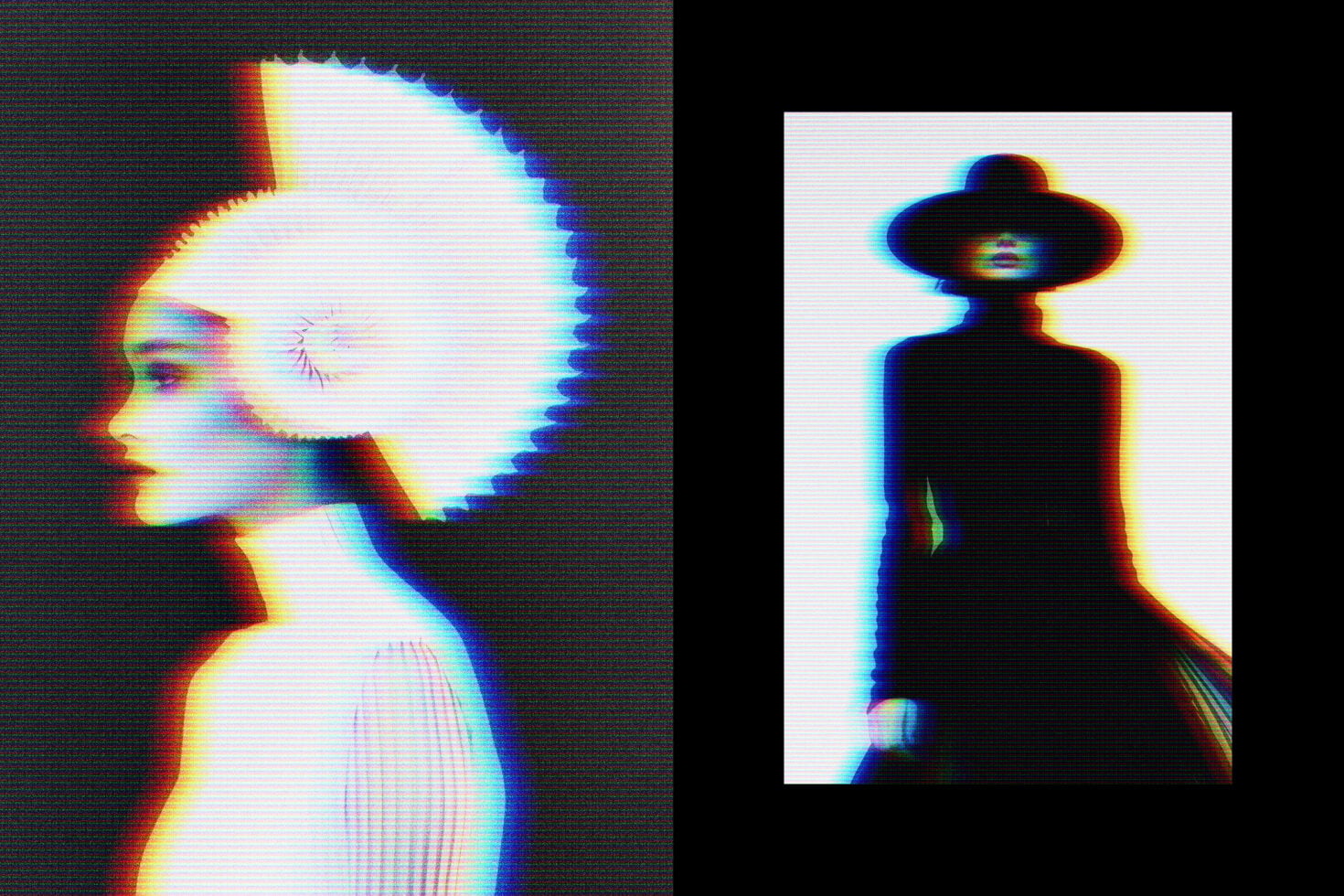 Two glitched portraits with intense chromatic aberration, blown-out highlights, analog TV distortion