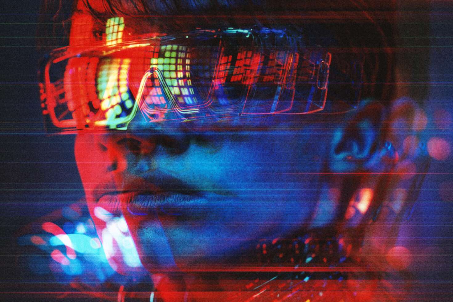 Neon glitch effect silhouettes, red cyan scanlines with circuit pattern overlay on face