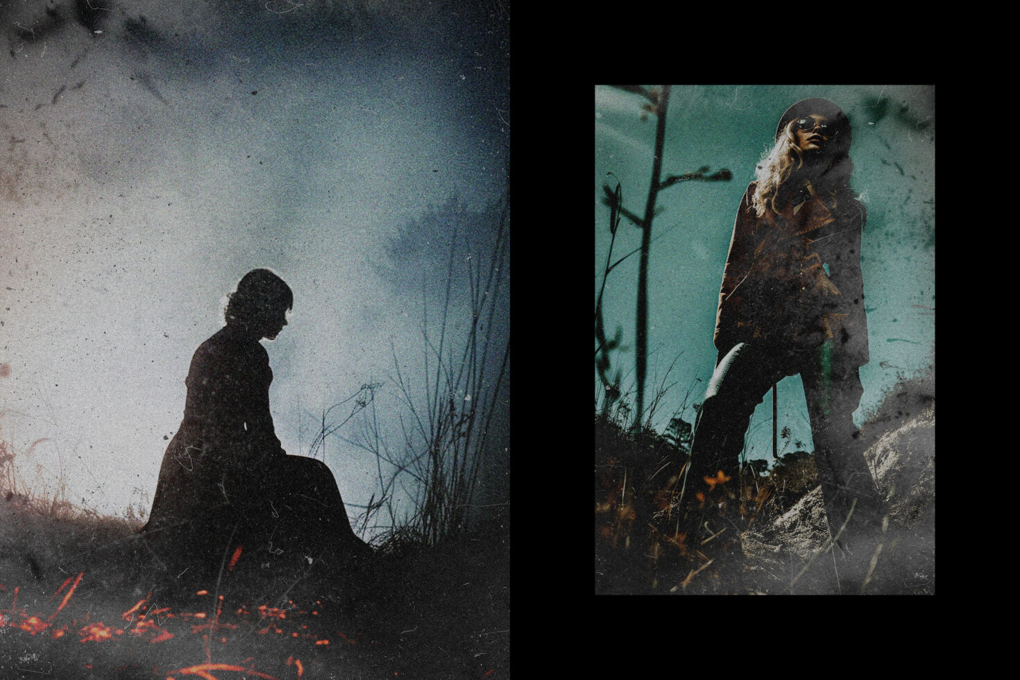 Diptych nature portraits showing figures in misty moody landscapes
