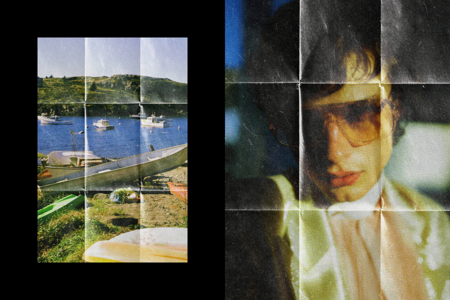 Split screen grid overlay on coastal fishing harbor plus close-up portrait