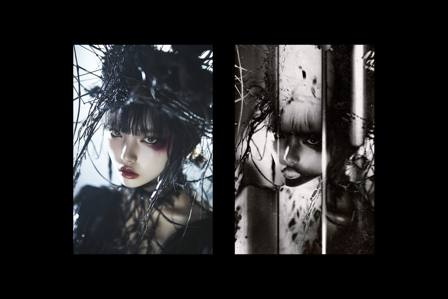 Color portrait girl with dark bangs framed by branches beside monochrome gritty textured version