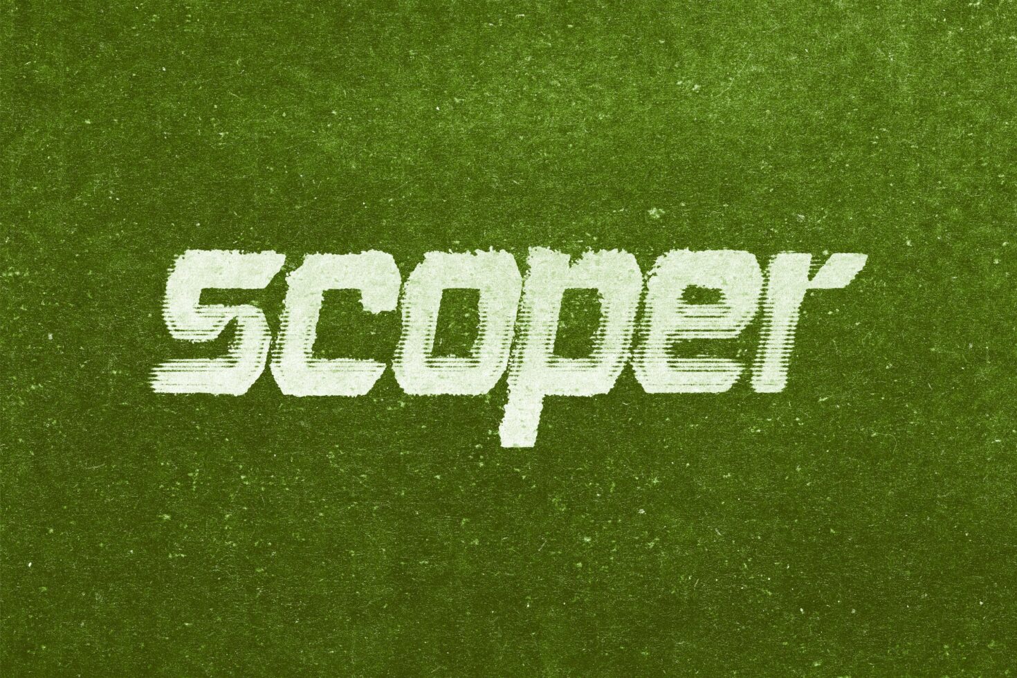 Soccer field textured background with white distressed text reading Scooper
