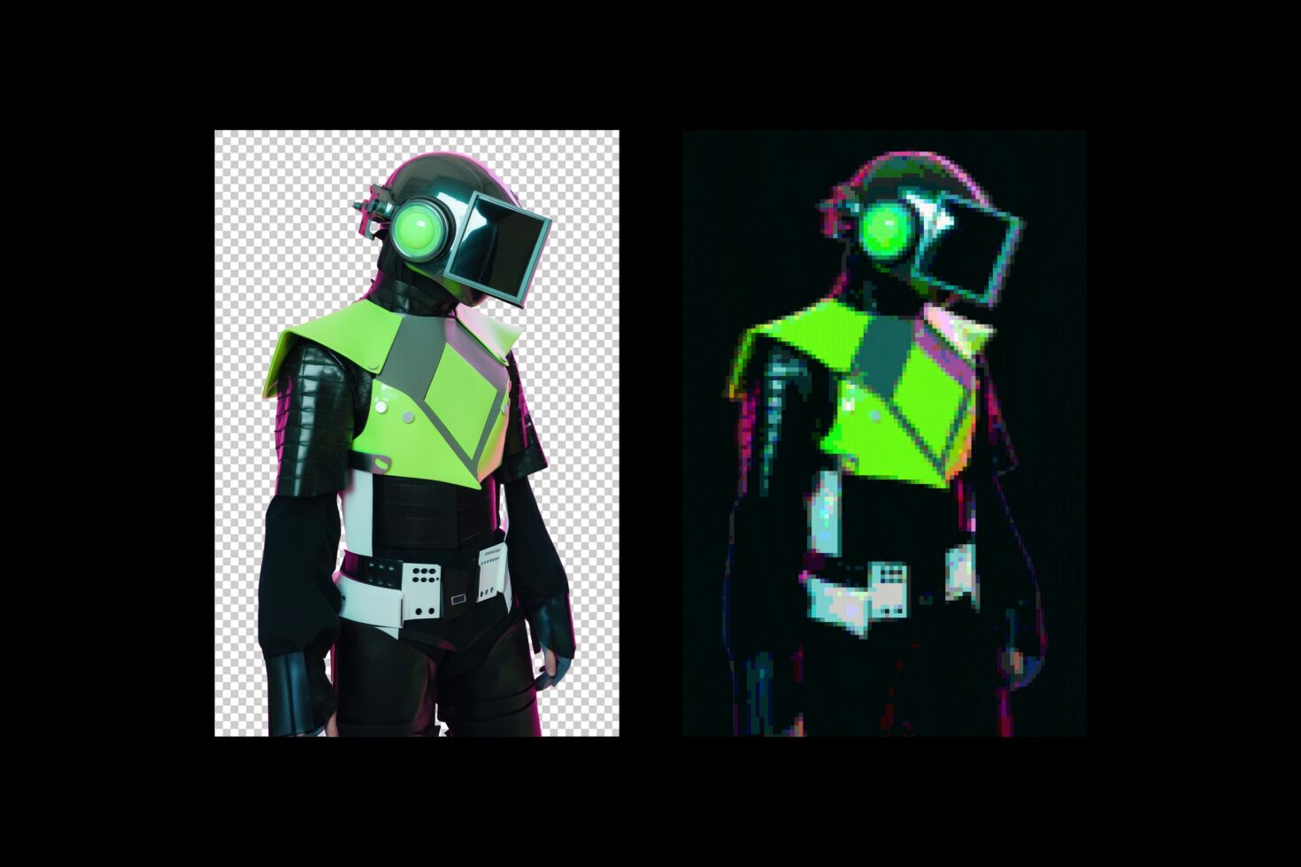 Sci-fi robot character with glowing green eye, neon yellow armor, compared side-by-side with glitchy pixelated version