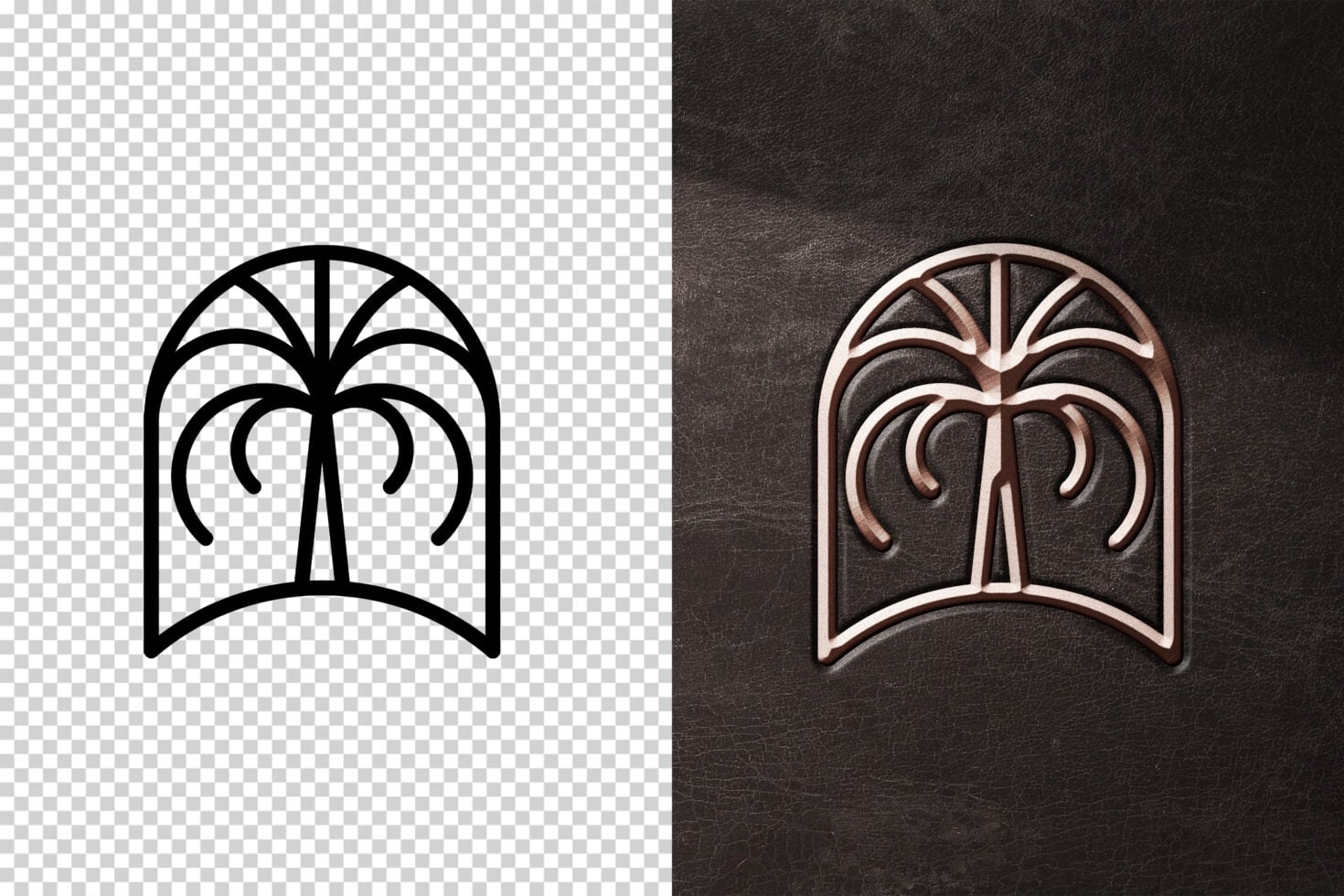 Palm tree icon in line style shown in black vector on left, copper metallic on right