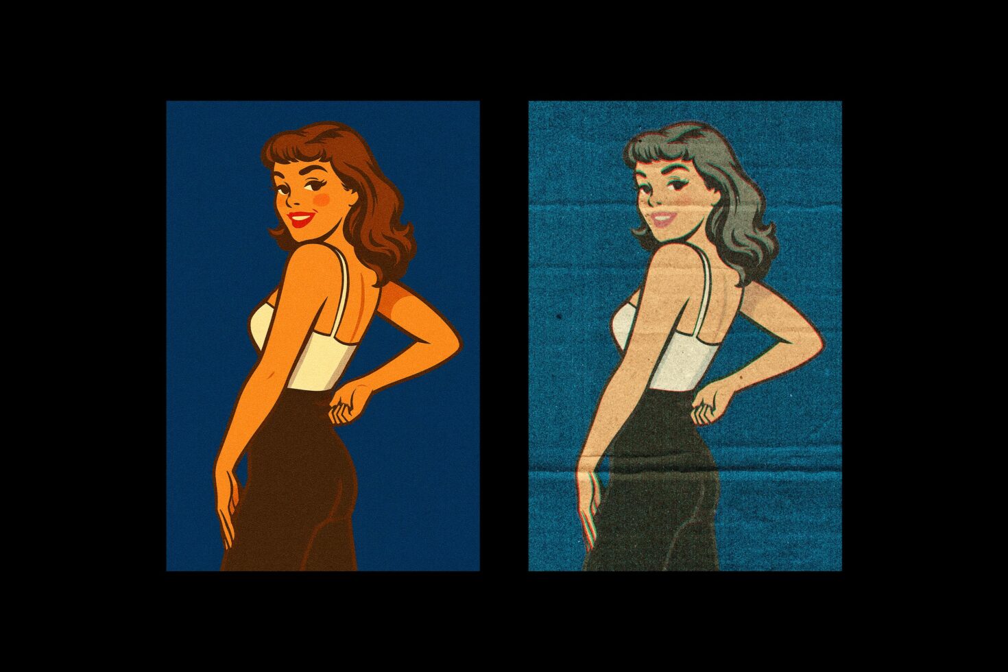 Two pop art style portrait variants of woman in retro outfit