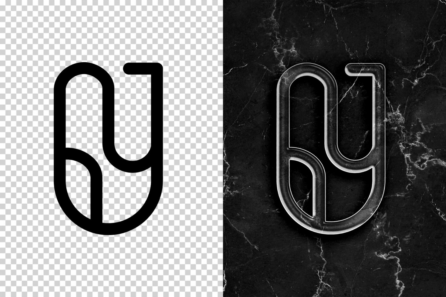 Number 59 logo in black on transparent side, metallic on dark marble on right
