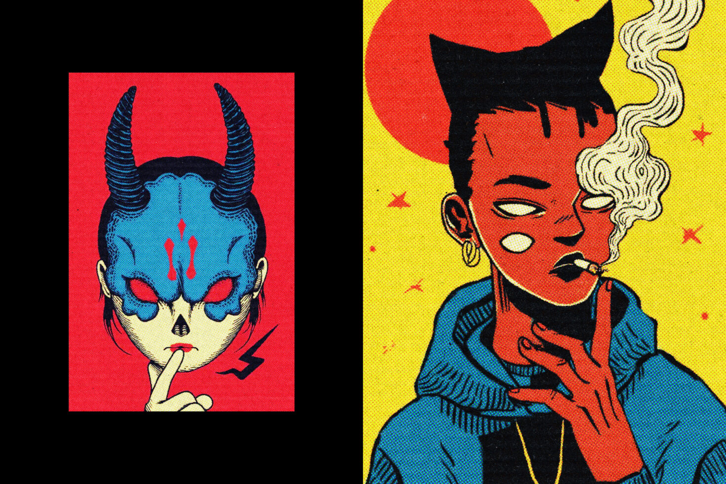 Vibrant comic-style demon girl with horns on red, punk figure on yellow