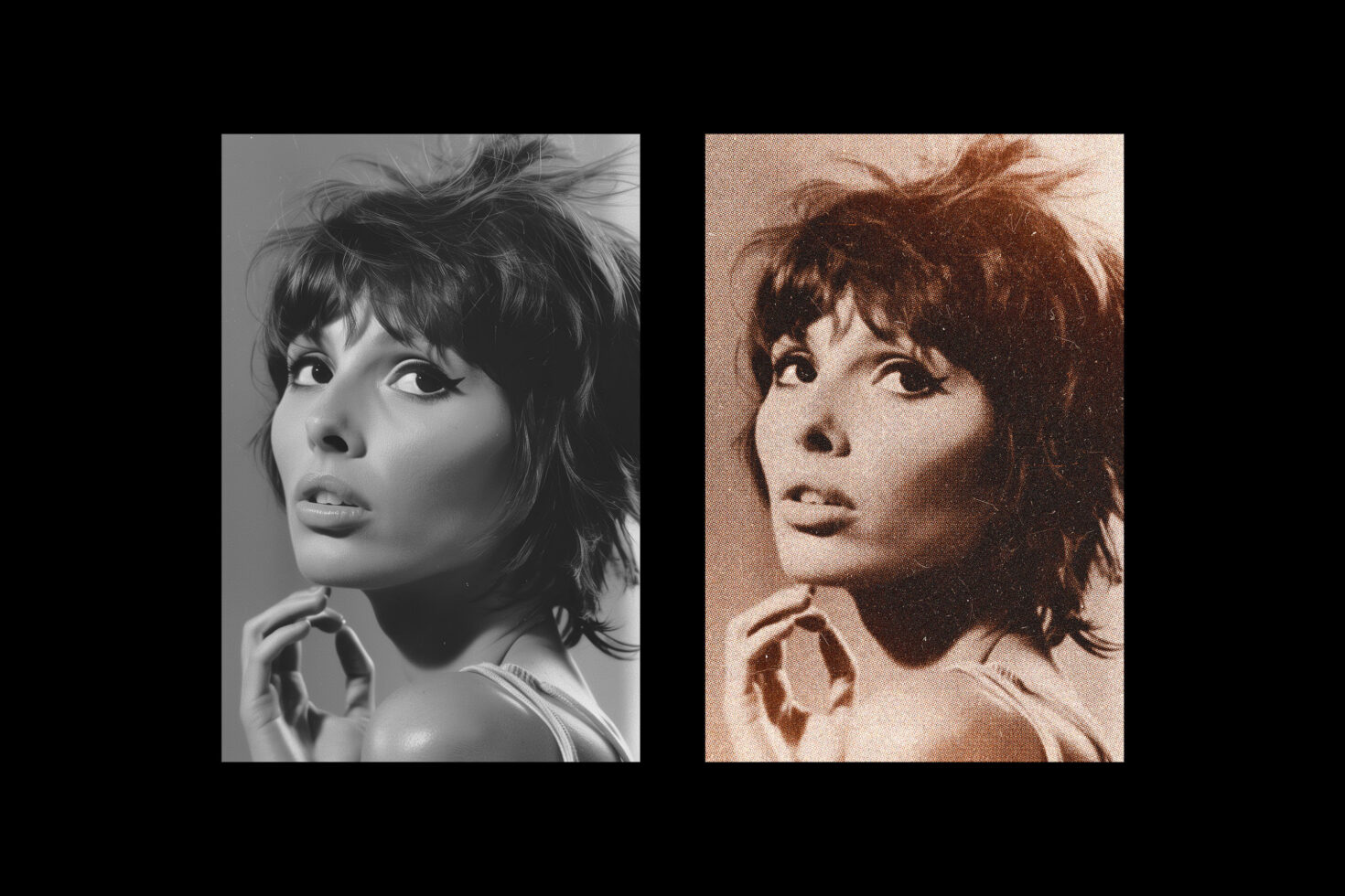 Black-white portrait next to sepia halftone version of same woman with shag cut