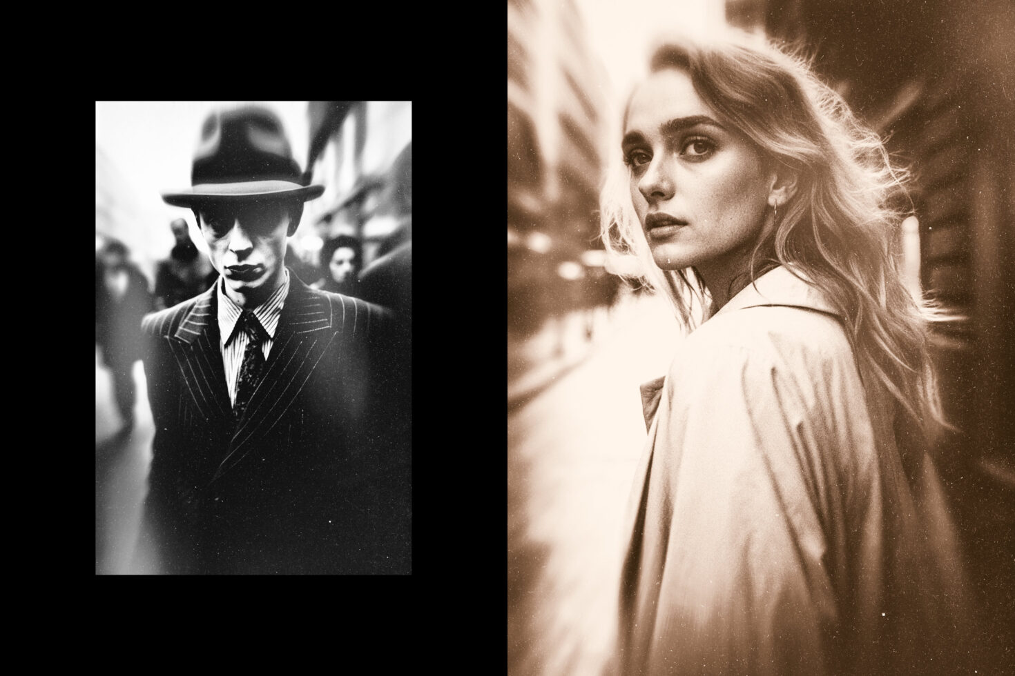 Diptych of black and white man in fedora left, sepia woman looking back right