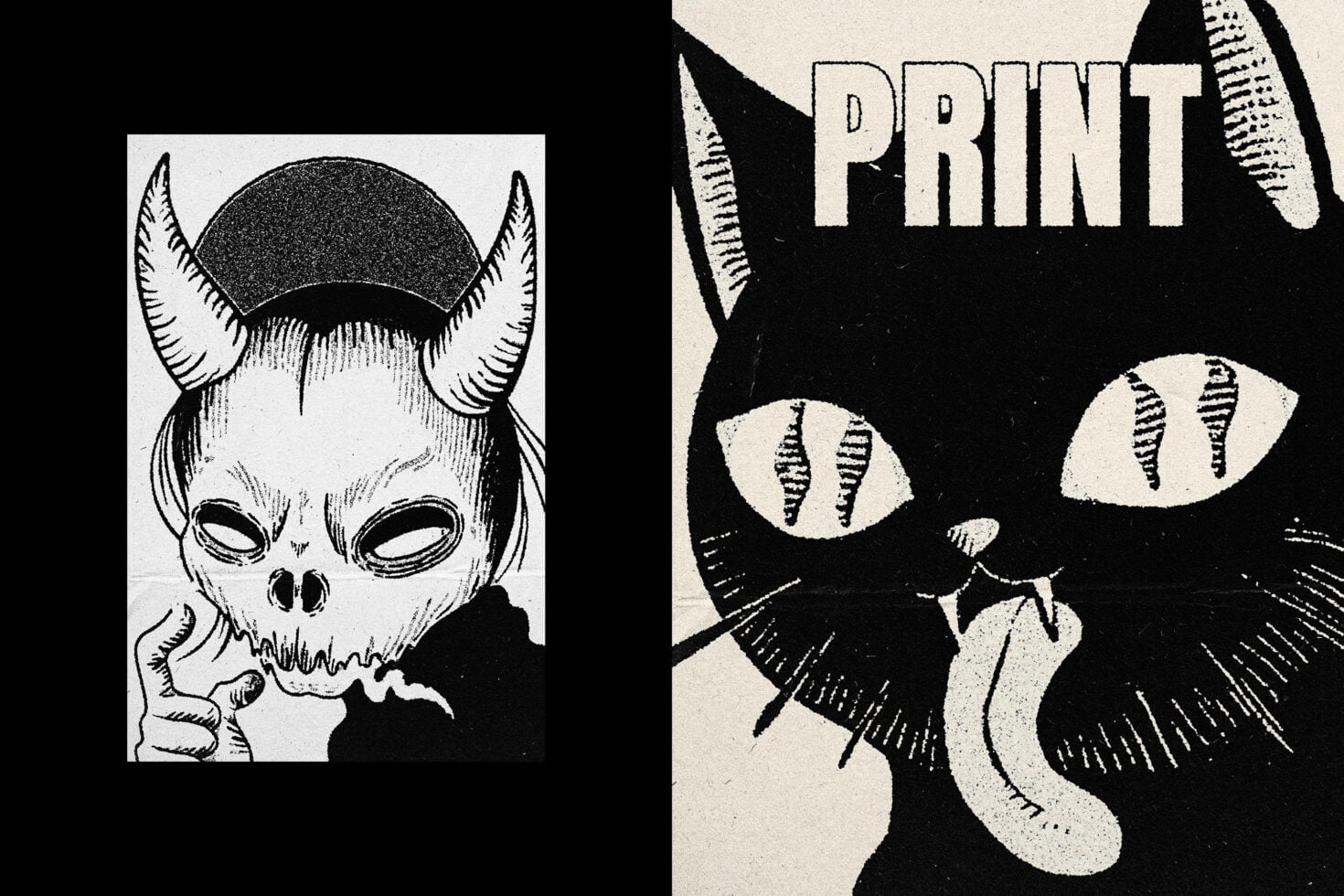 Creepy demon horns with fire, cat face with striped eyes wearing print text mockup