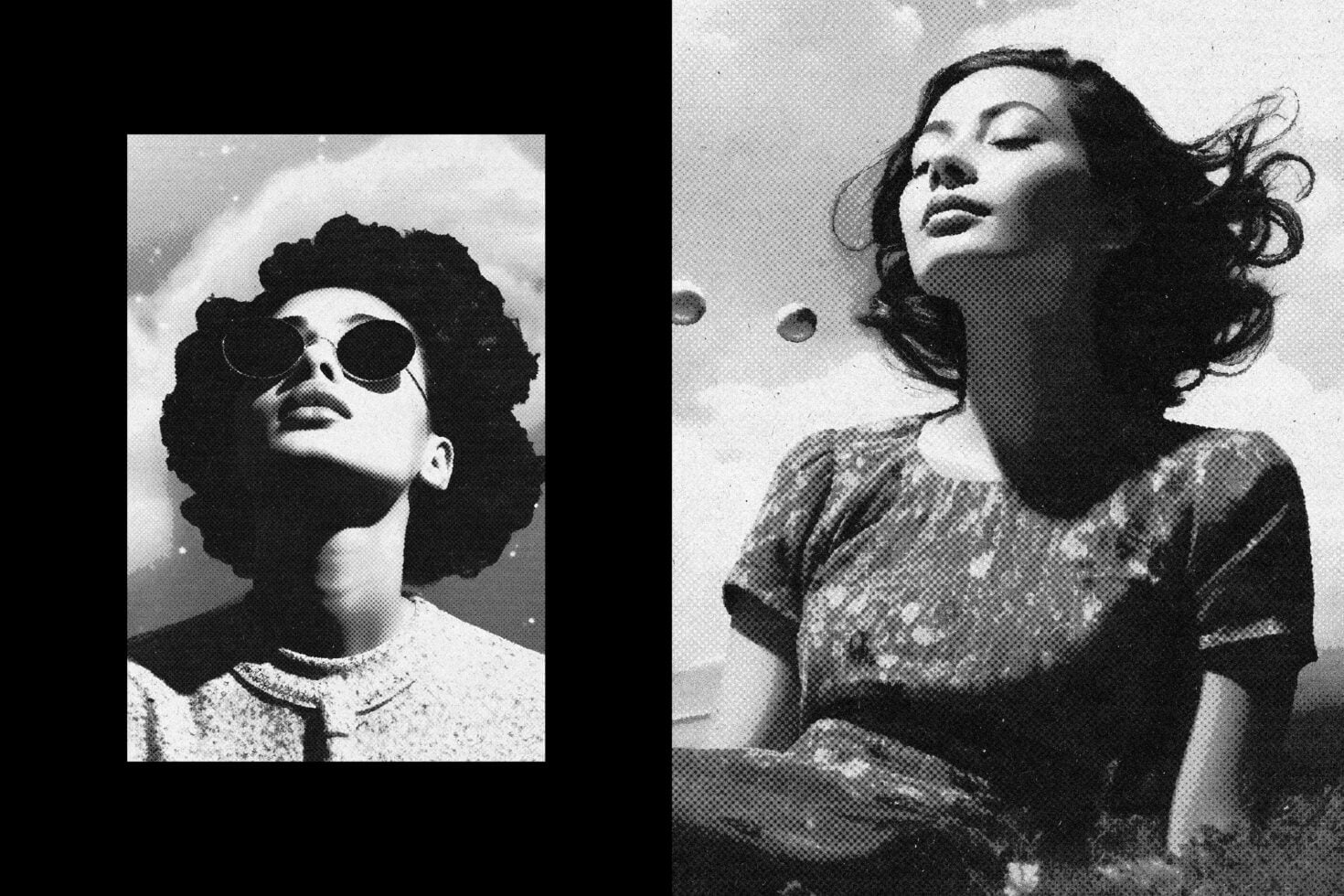 Vintage black-white portraits of woman in round sunglasses, one seated outdoors
