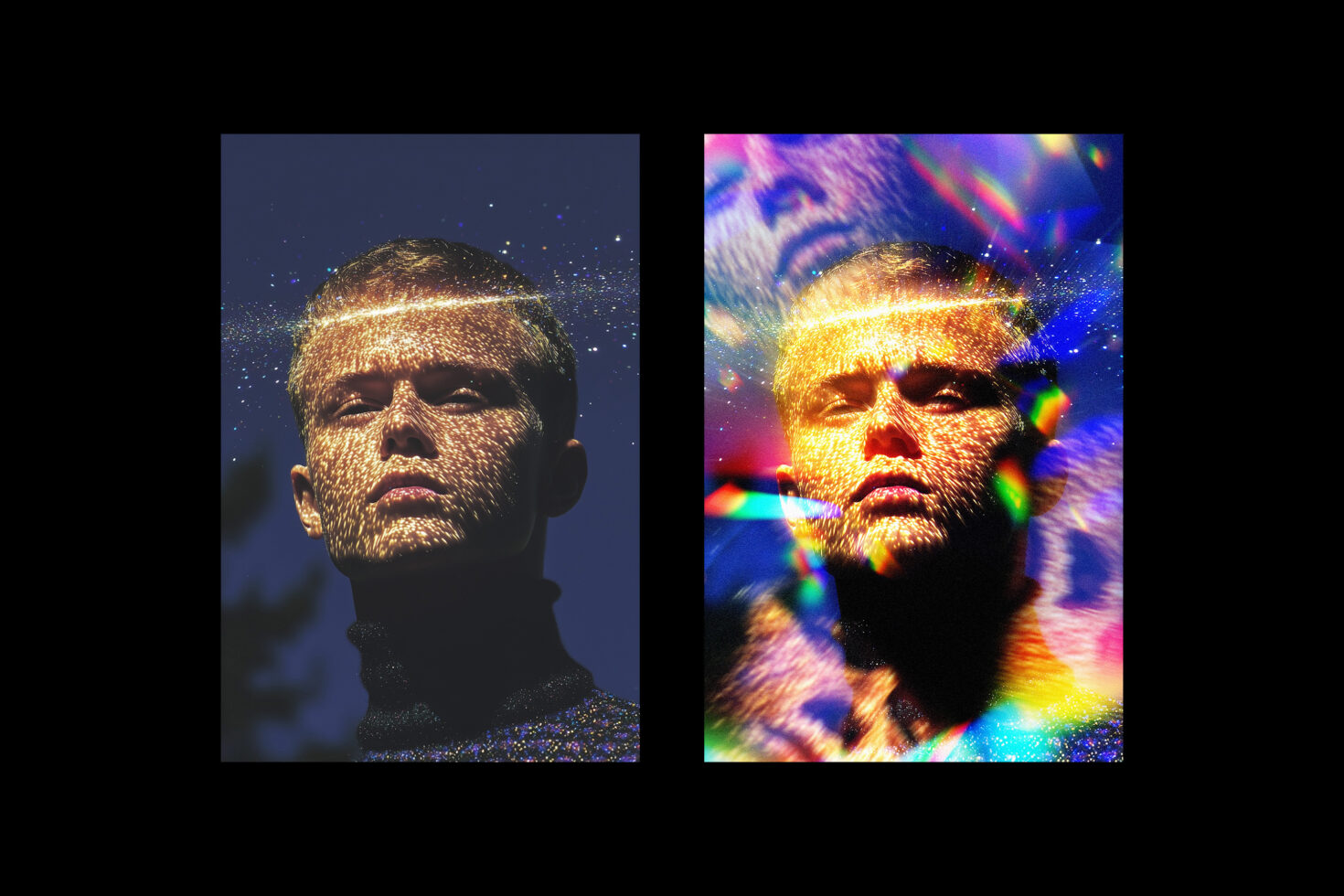 Duo of 3D renders showing face with golden pixelated texture, one with colorful light bursts