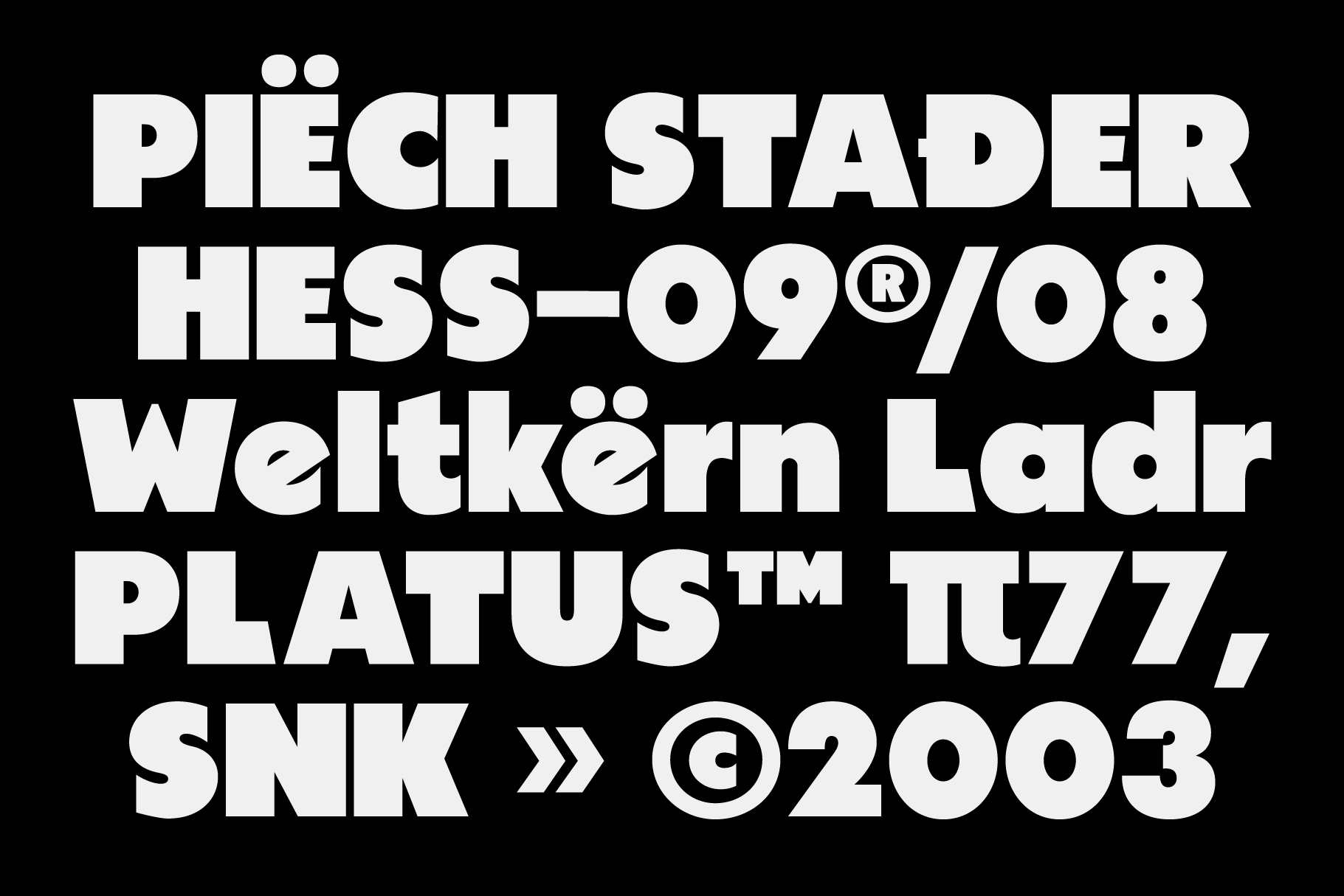 White display font on black background with German text