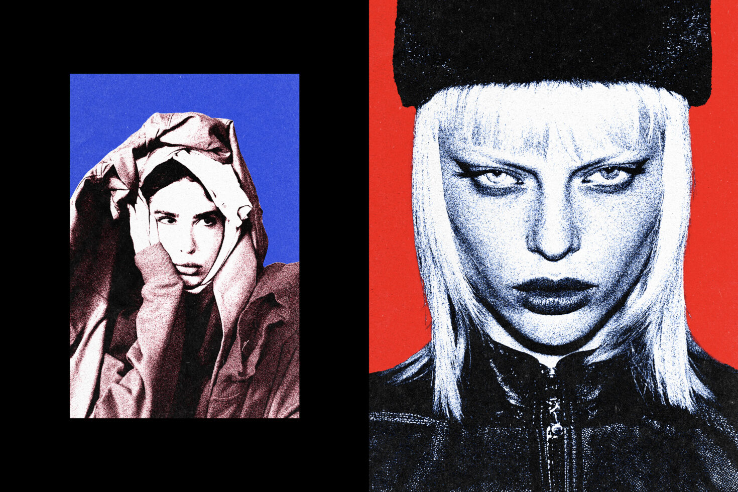 Two high contrast portrait photos split across red background, bold graphic treatment of faces