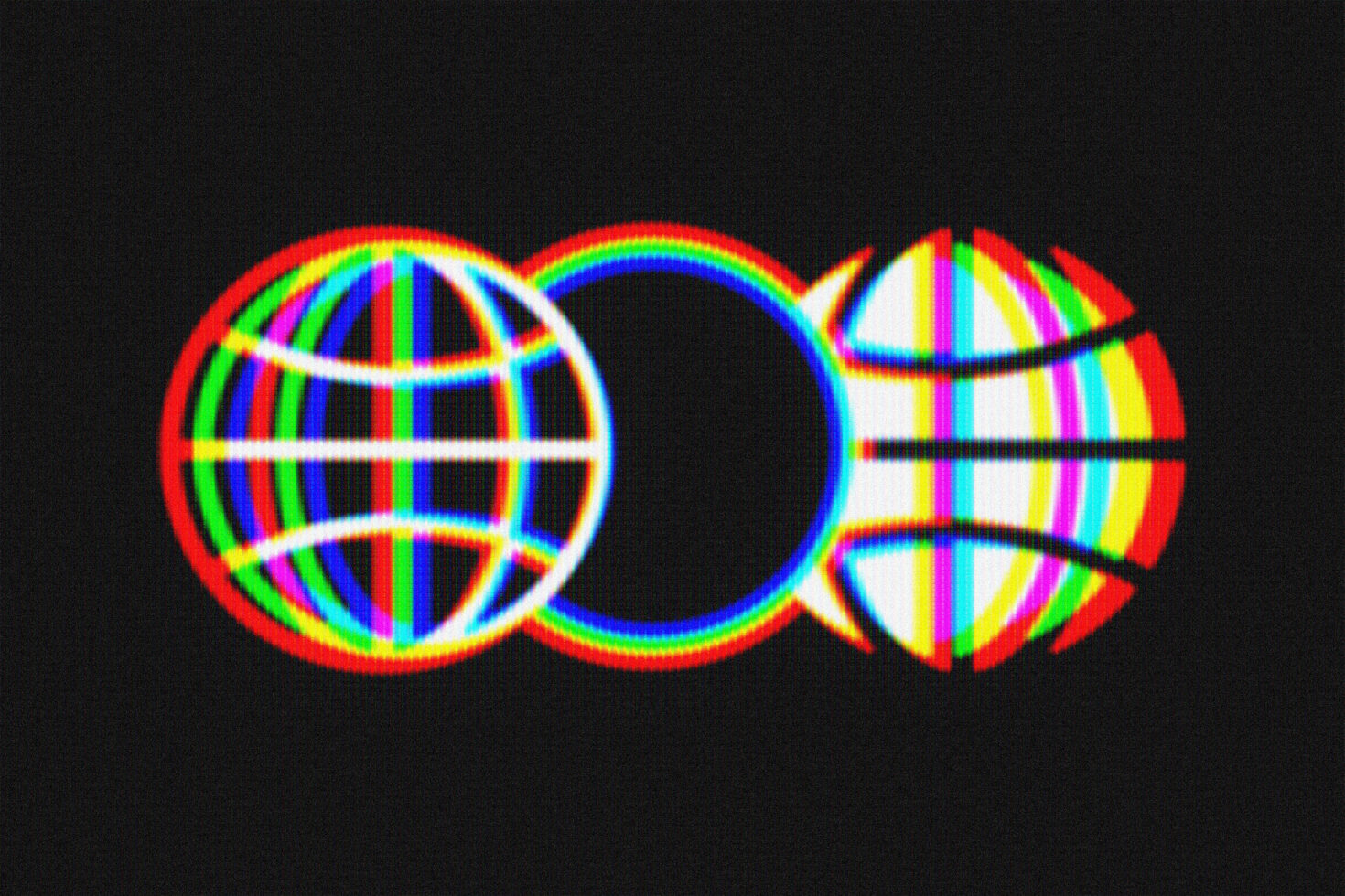 Two glitchy sphere orbs filled with rainbow color bars, neon glow on dark background