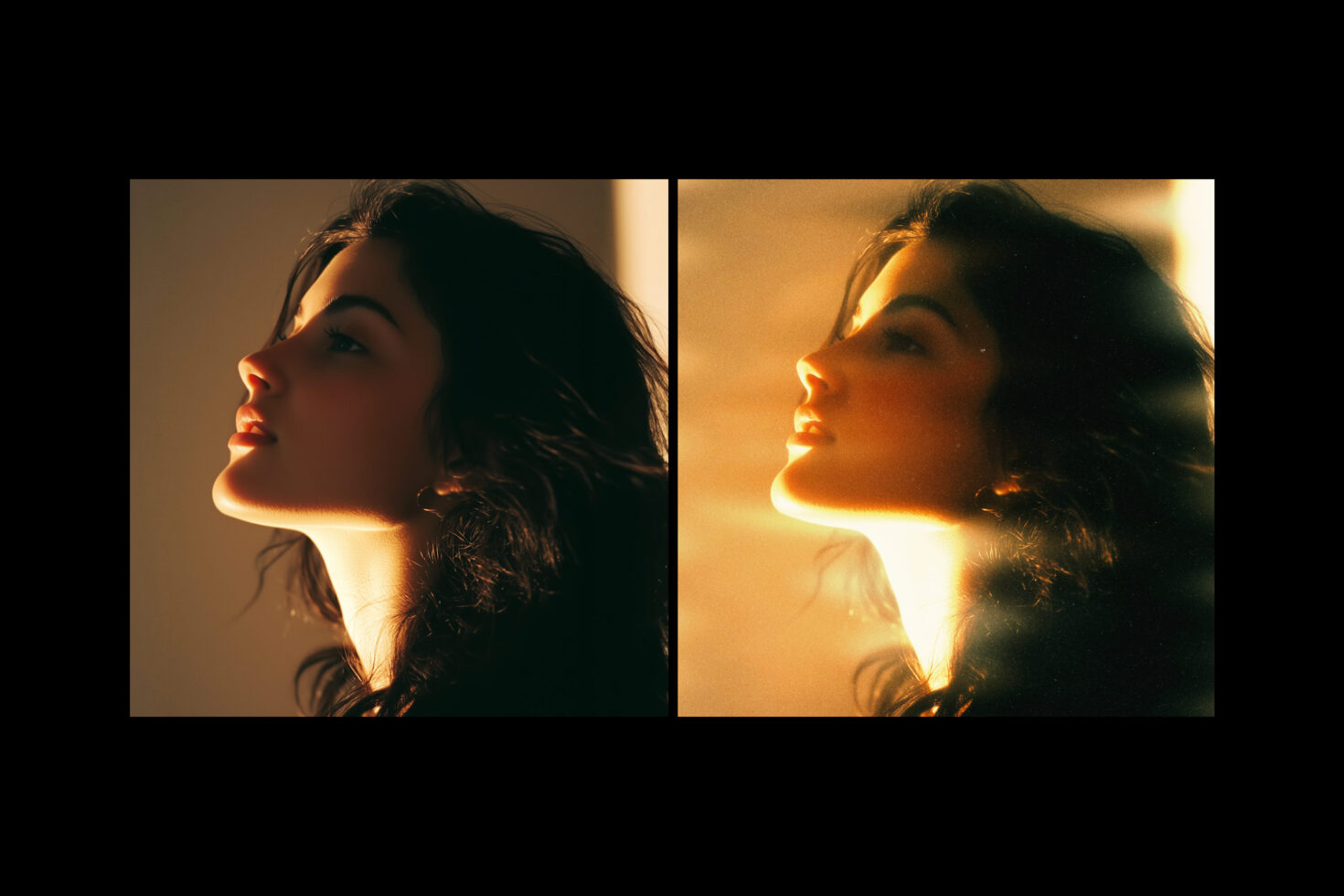 Side profile of woman lit by warm golden light showing before after color grading