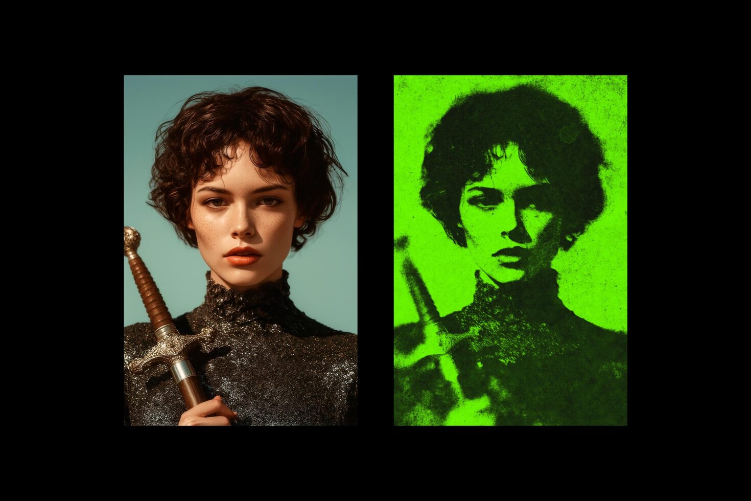 Woman holding sword in teal, glitchy lime green duotone version right