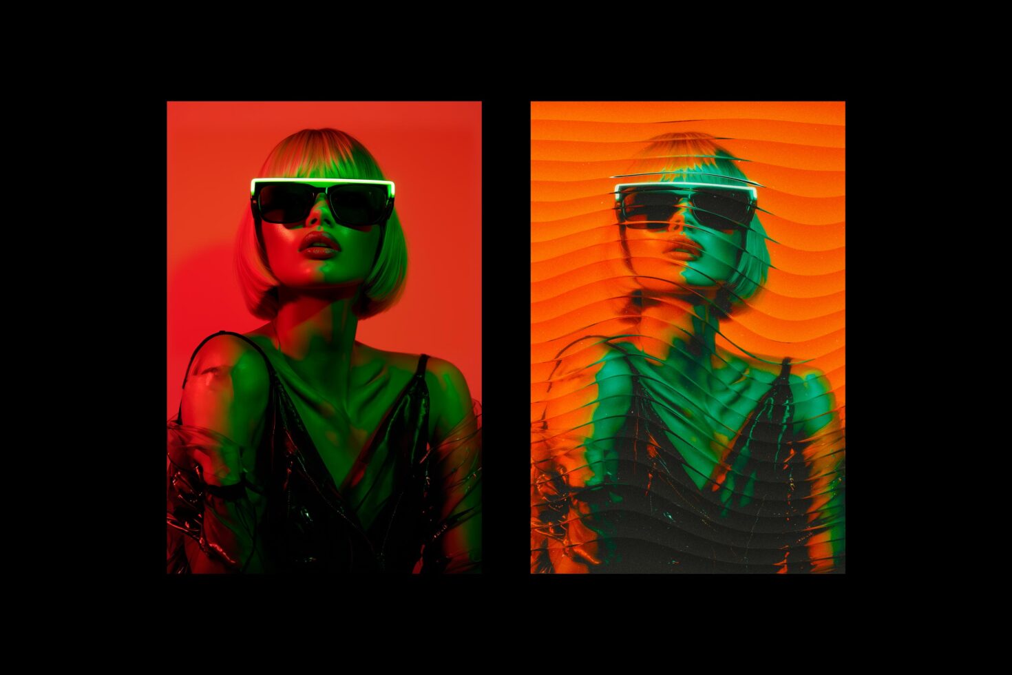 Two portrait shots with bold neon lighting, red-green split on left, orange-green on right, both wearing dark sunglasses