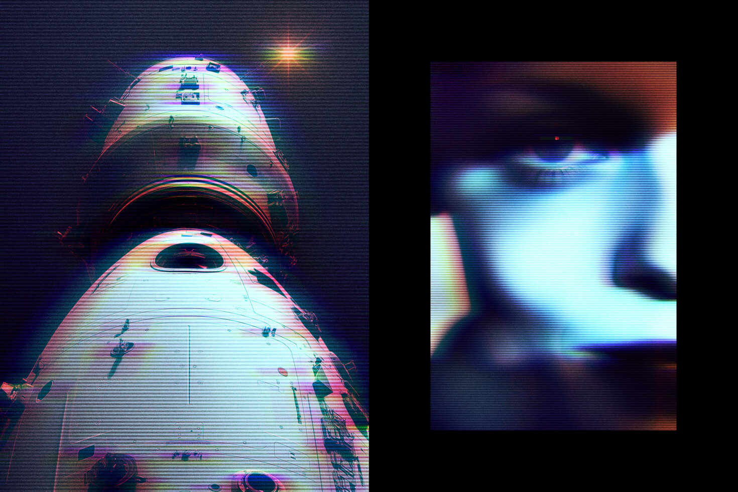 Stacked cone shapes with scan line distortion, rainbow color separation