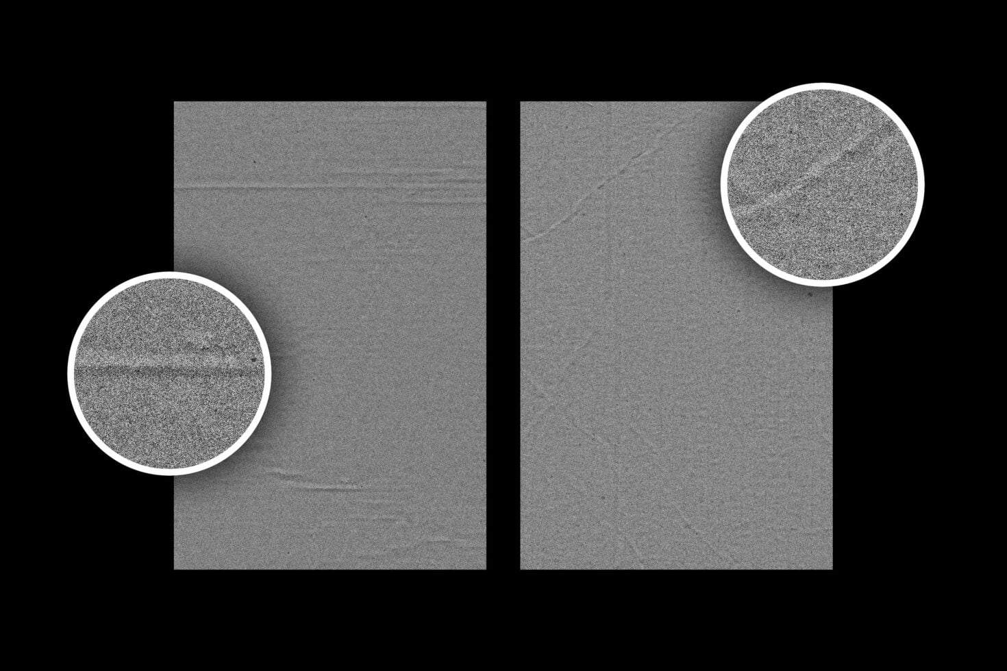 Paper texture mockup with close-up detail circles on gray sheets