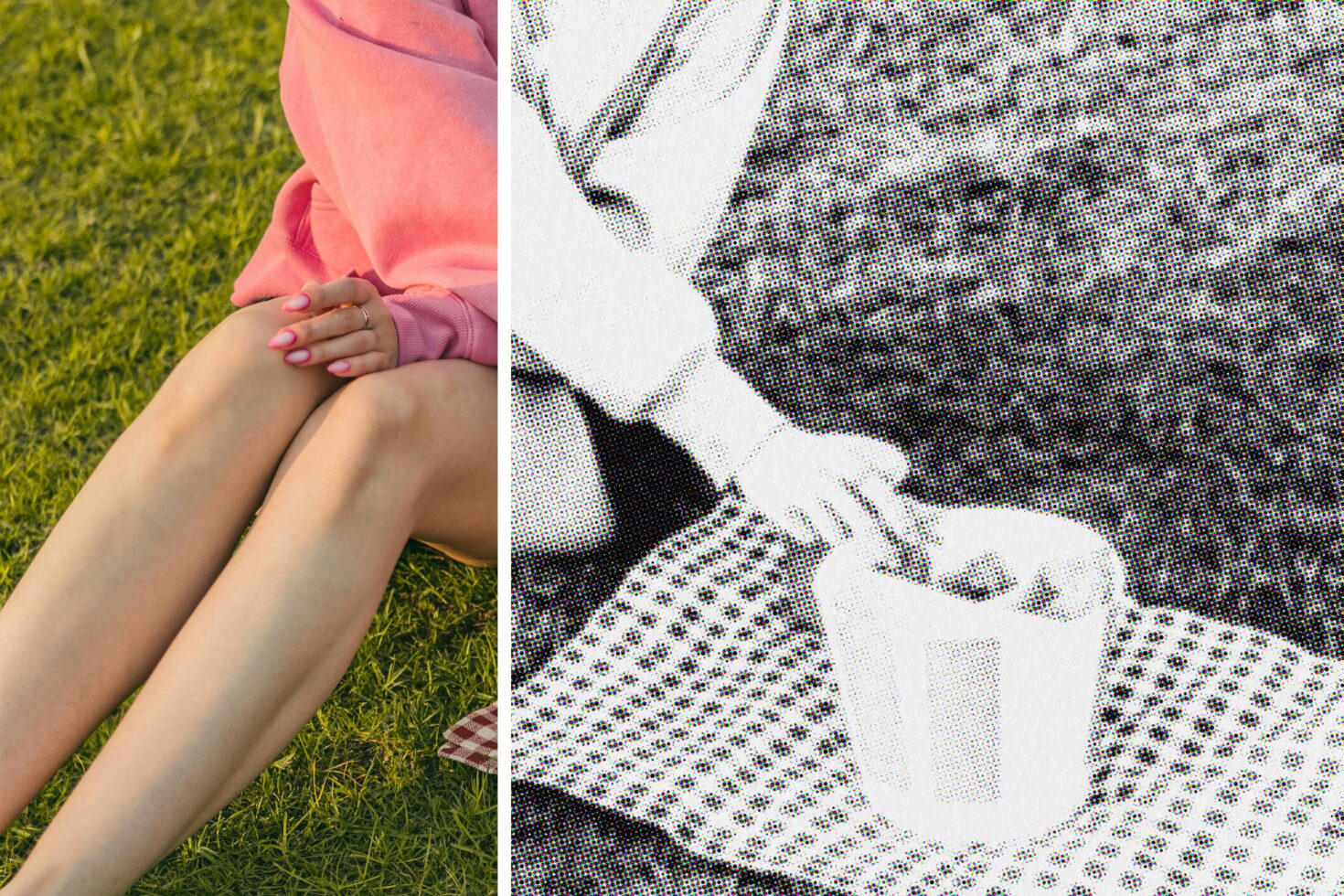 Girl in pink on grass paired with dotted halftone version of same pose