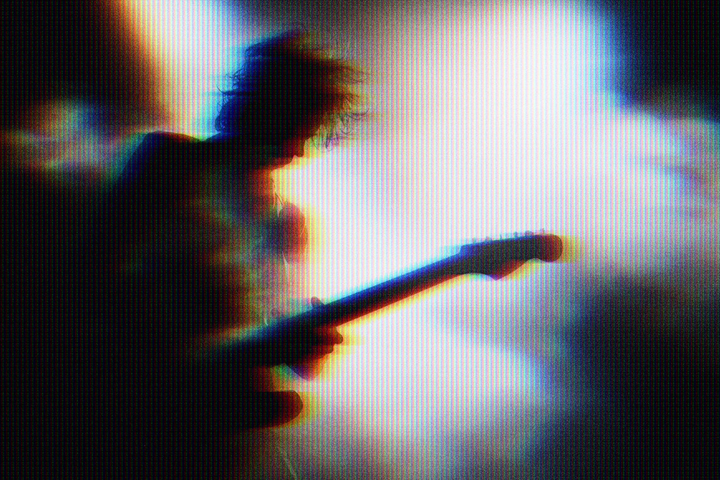 Silhouette with extended arm, saturated RGB color fringing, horizontal scan lines throughout
