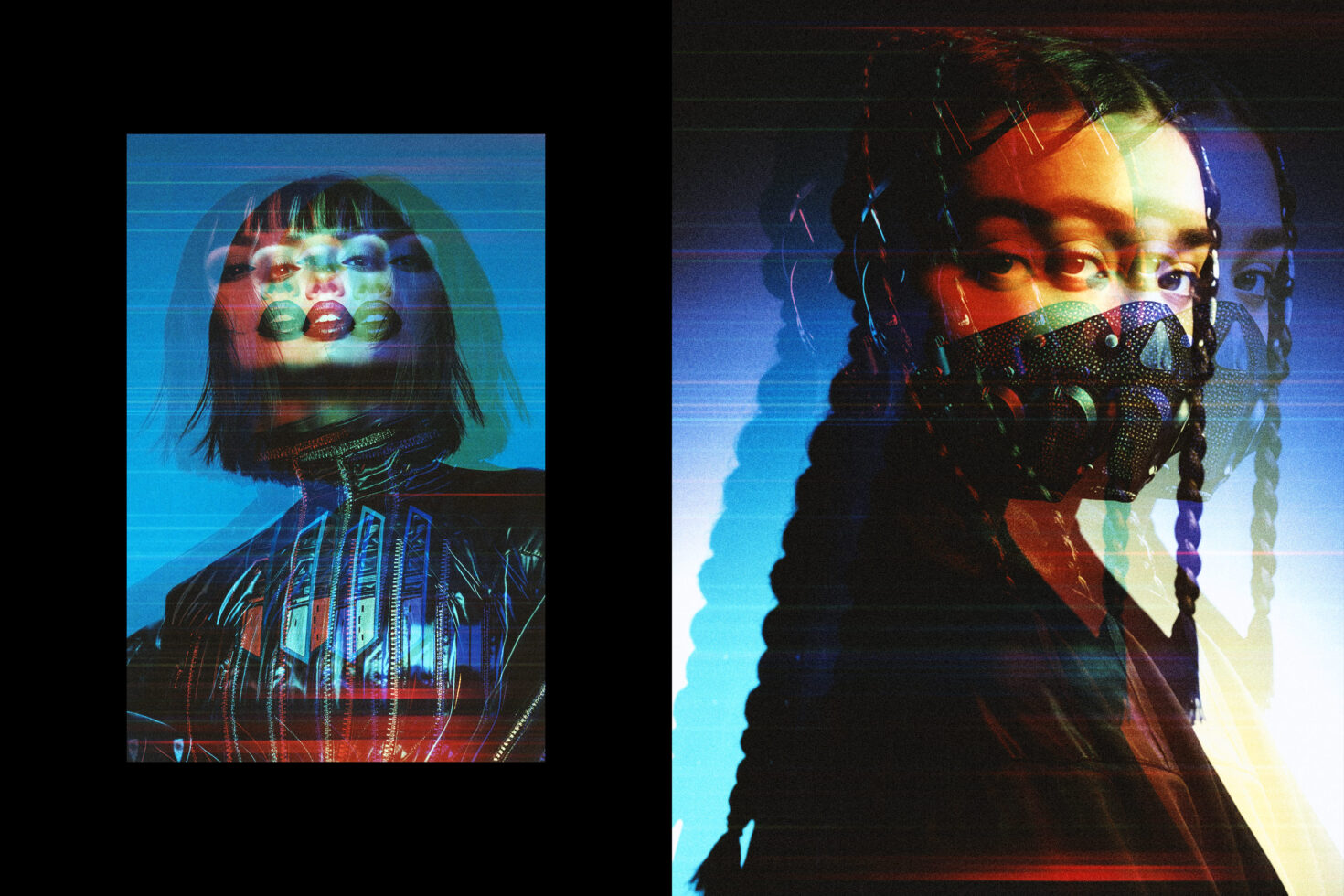 Cyberpunk portraits with neon stripes, geometric glitch overlay, blue orange color blocking
