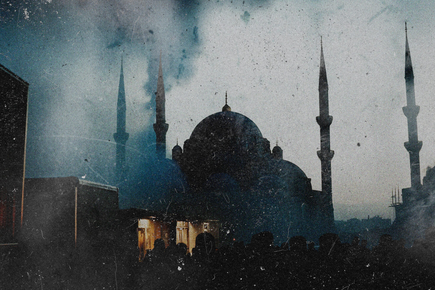 Moody mosque silhouette cityscape with grain texture overlay gritty feel