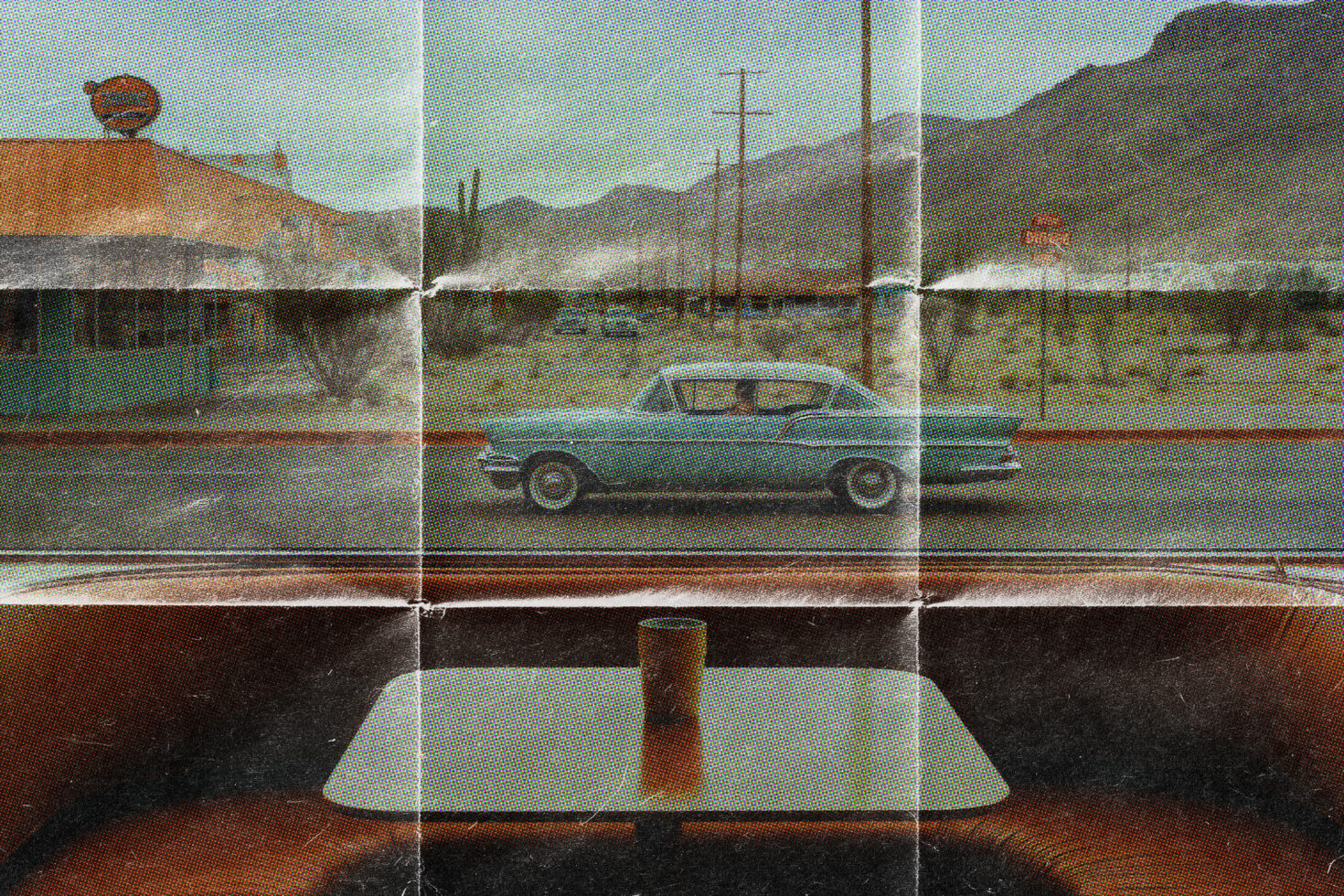 Retro diner window view with turquoise car parked on desert highway