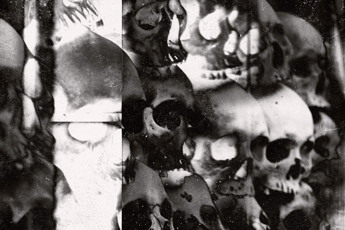 Fragmented high contrast black white collage of overlapping faces with film grain heavy scratches