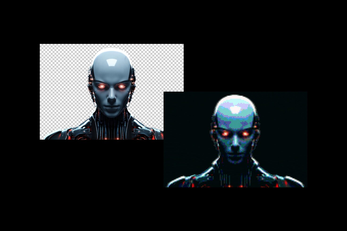 Futuristic robot head with glowing eyes in two different art styles