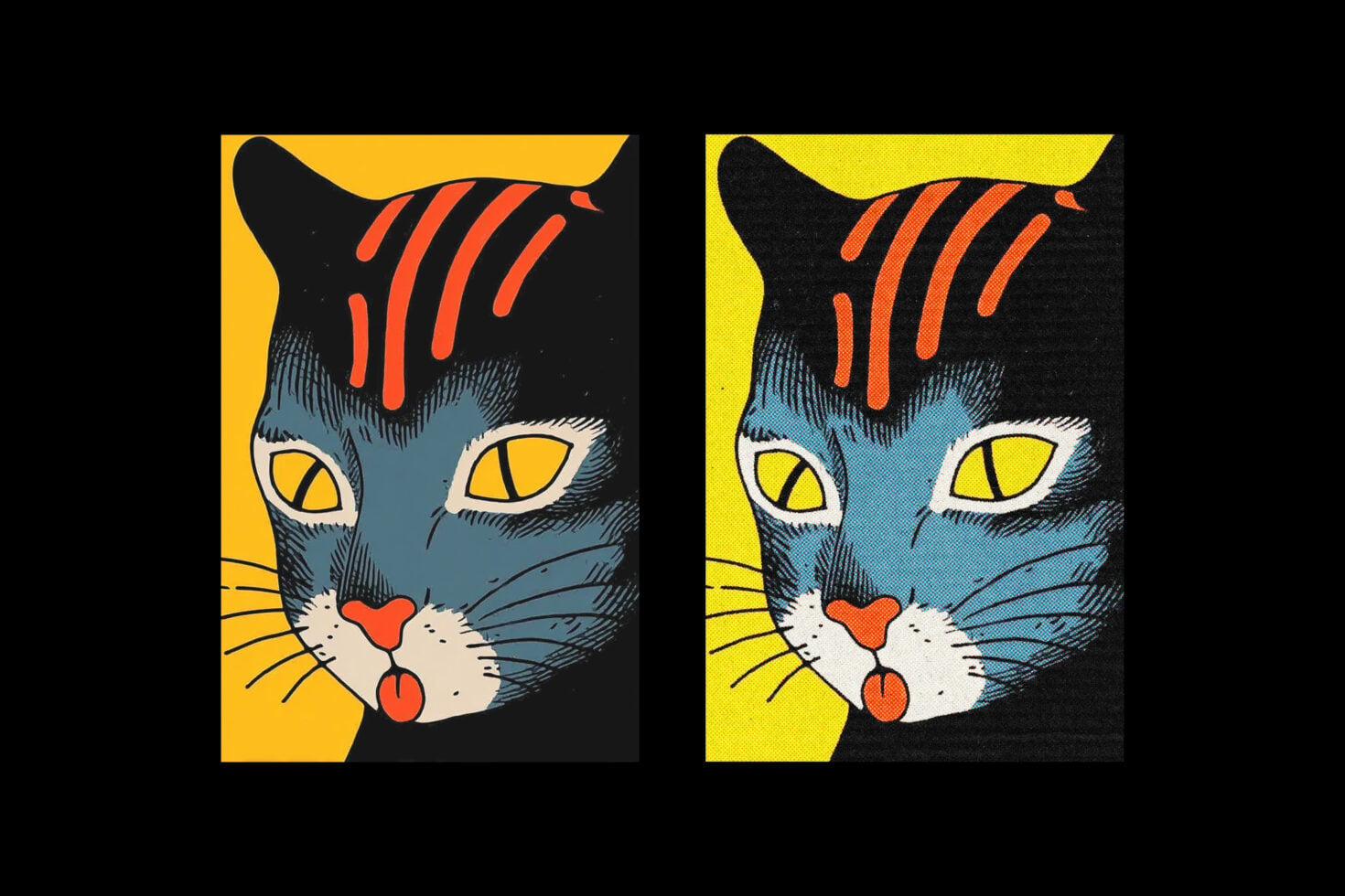 Bold pop art cat face with yellow, orange, blue colors in two versions