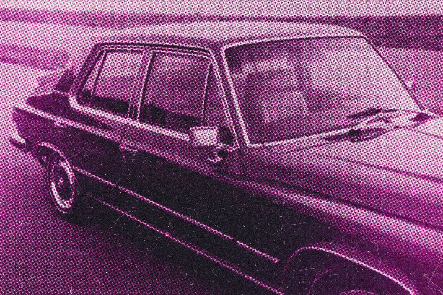 Magenta halftone shot of classic sedan parked on empty road