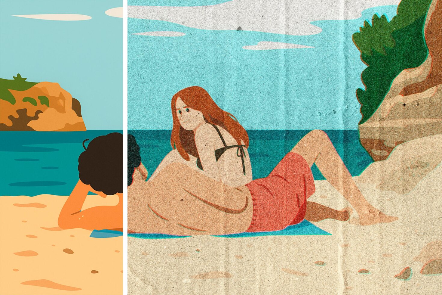 Beach scene with women in swimwear lounging on sandy shore